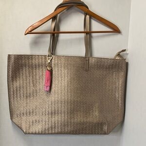 Bath & Body Works Woven Shimmering GOLD Tote Pink Tassel Zipper Closure